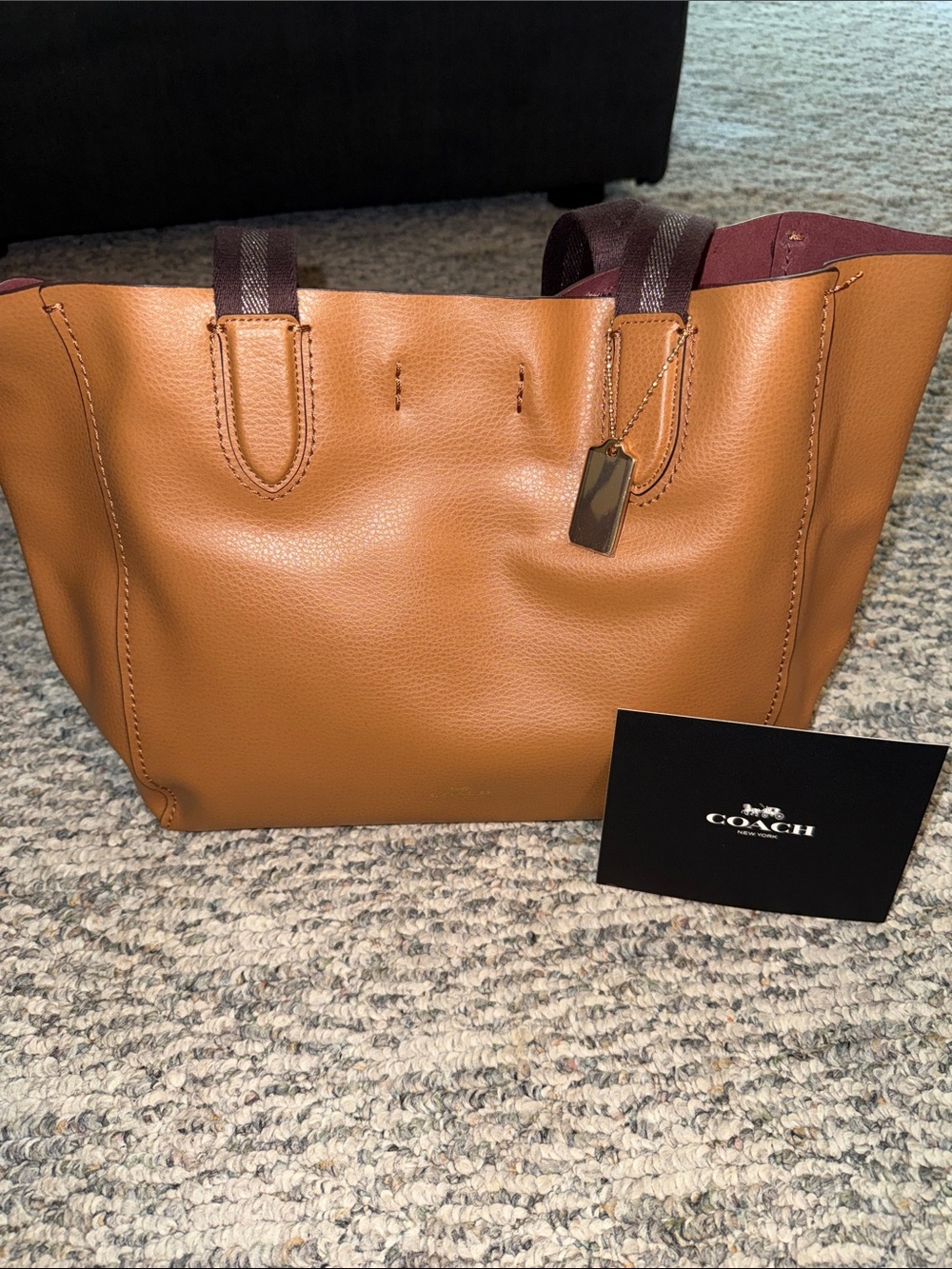 Coach Tan Leather Tote with Dark Brown Handles and Burgundy Lining